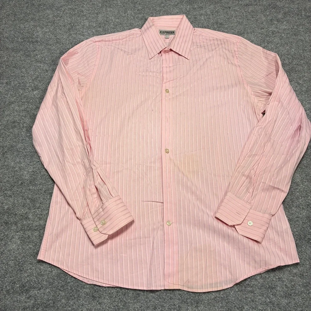 Express Mens Pink Stripe Fitted Stretch Cotton Dress Shirt Size L‎ 16-16 1/2